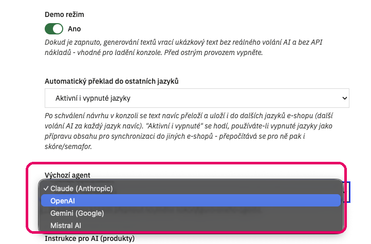 Nastavení AI: ukázkový režim, výběr služby Claude, ChatGPT, Gemini nebo Mistral