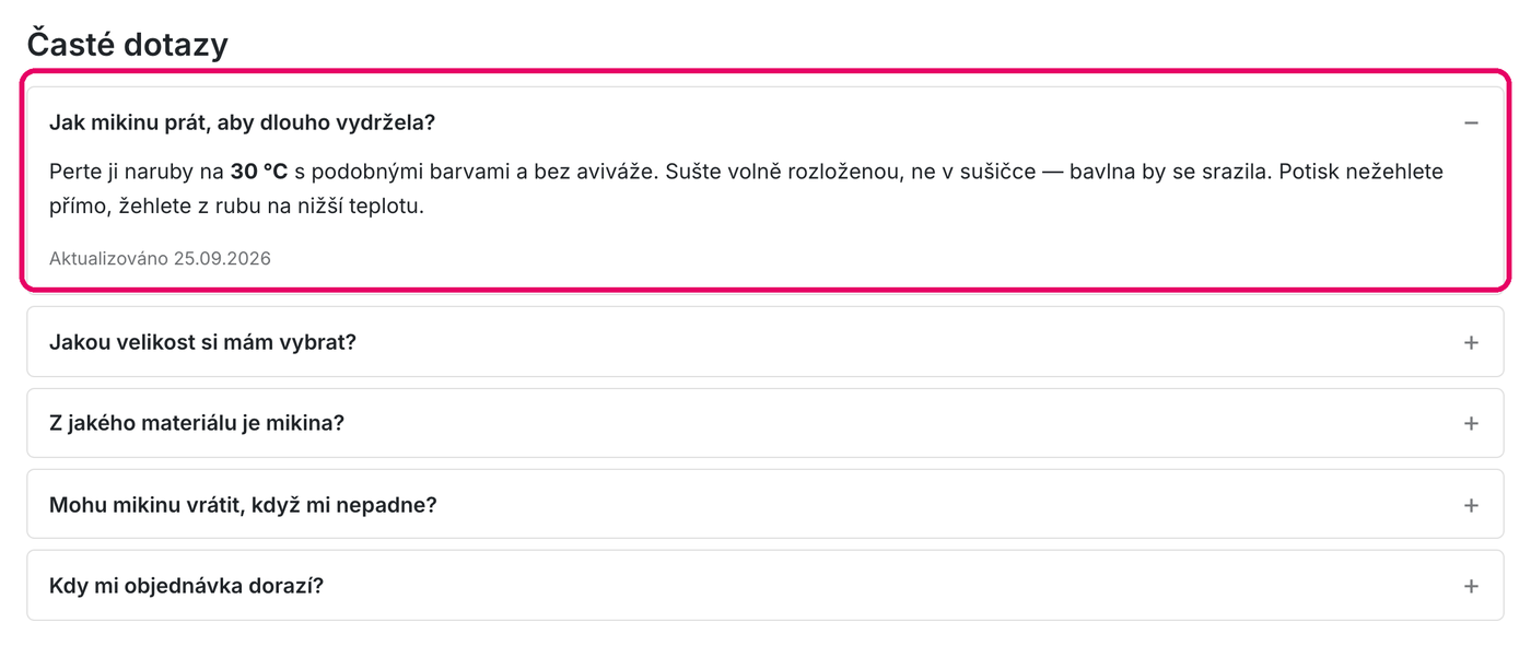 Rozbalovací seznam otázek a odpovědí na stránce zboží v e-shopu