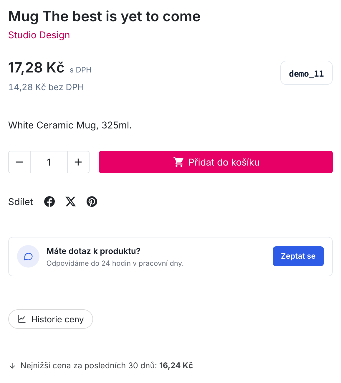 Detail produktu: tlačítko Historie ceny a pod ním věta s nejnižší předchozí cenou