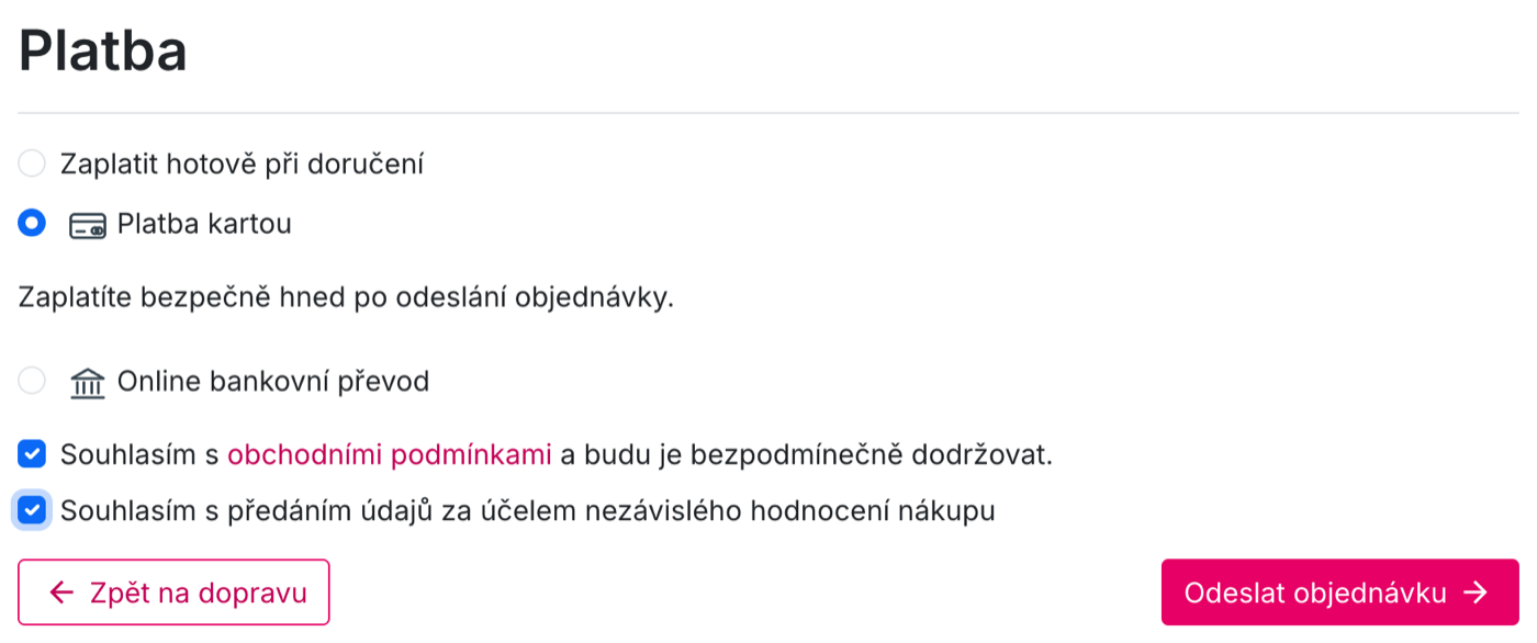 Pokladna e-shopu: políčko pro souhlas s dotazníkem spokojenosti nad tlačítkem Odeslat objednávku