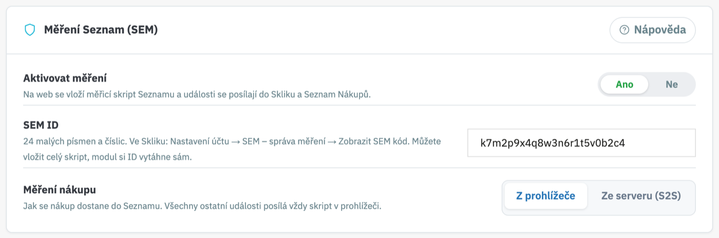 Zapnutí měření: přepínač, políčko pro měřicí číslo ze Skliku a volba, odkud se objednávka posílá