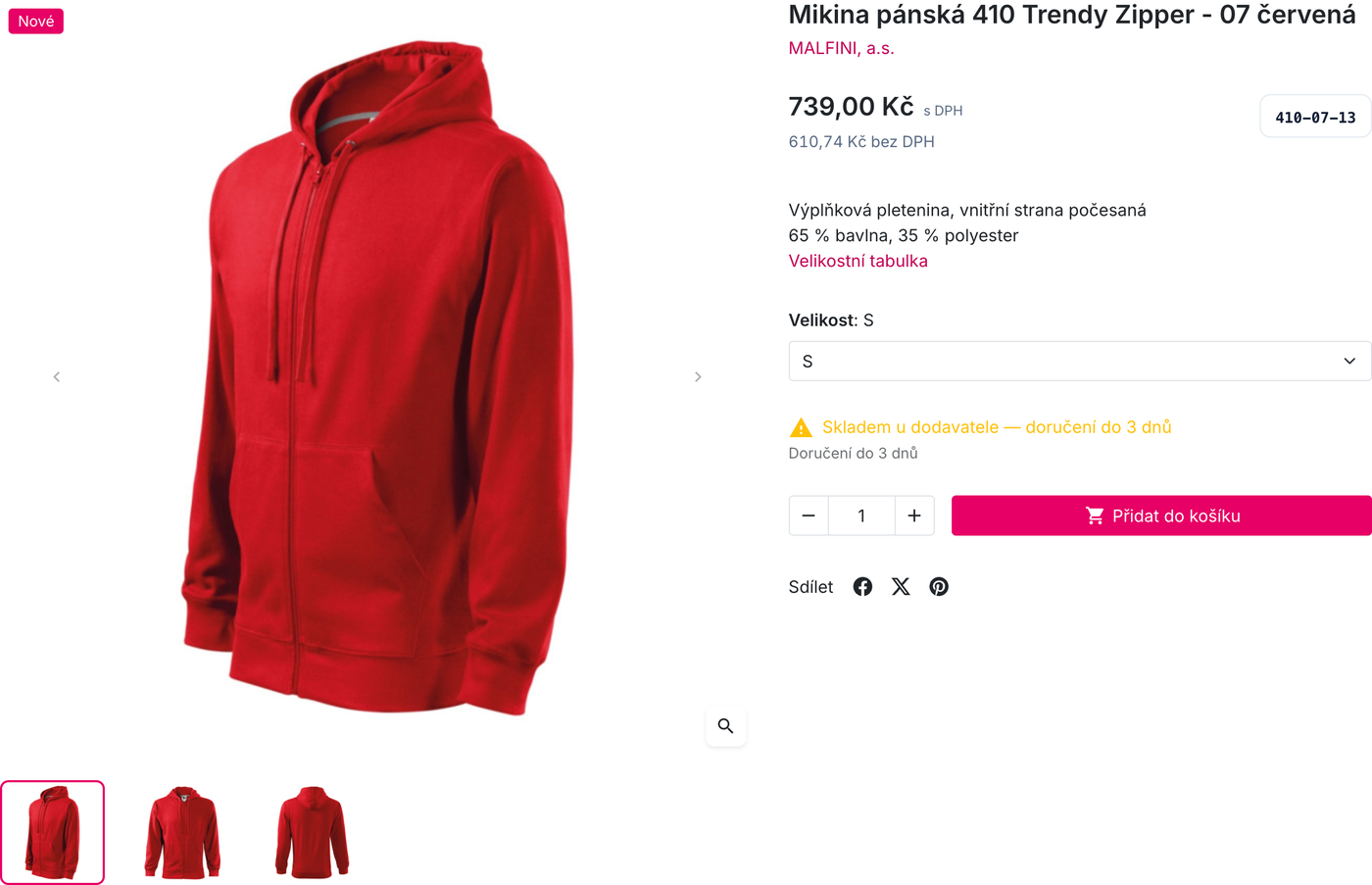 Importovaný produkt na e-shopu: fotky, popis, velikosti, cena a dostupnost od dodavatele