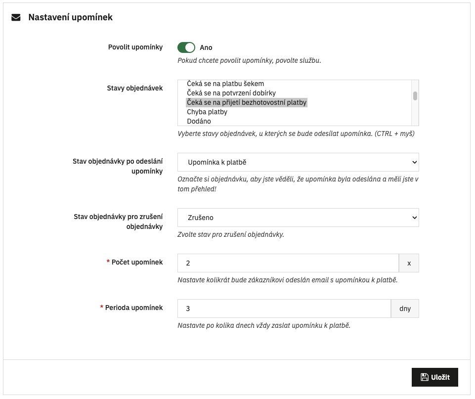 Nastavení upomínek v administraci PrestaShopu