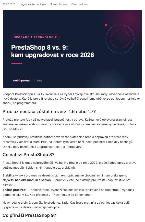 Ukázka článku na blogu pro PrestaShop