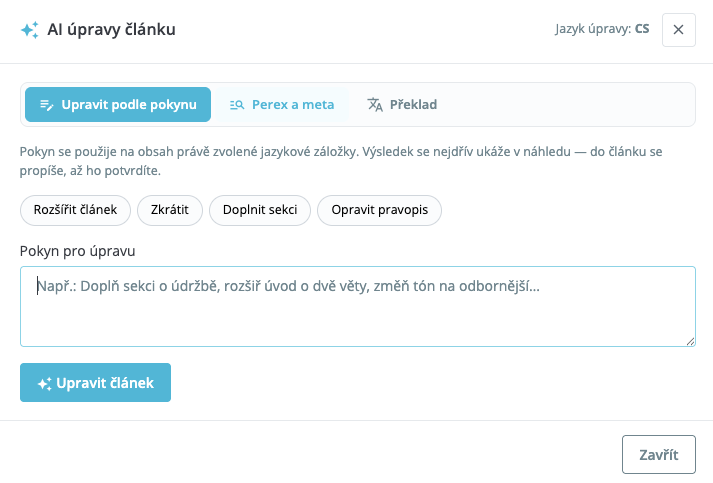 Úprava článku pomocí AI asistenta