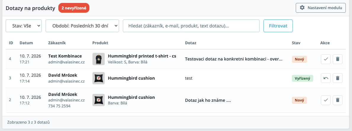 Přehled dotazů na produkty