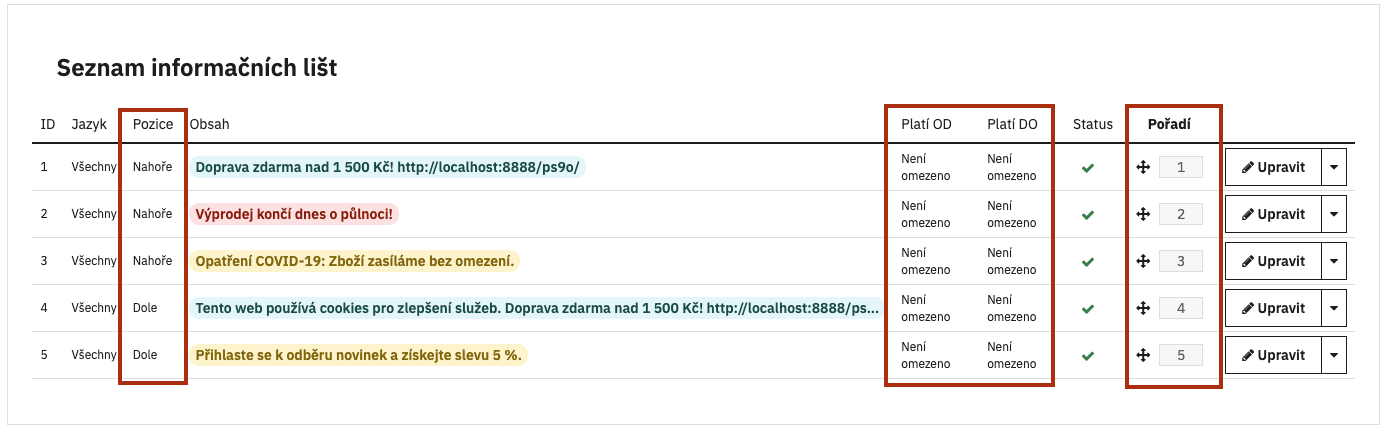 Přehled nastavených bannerů