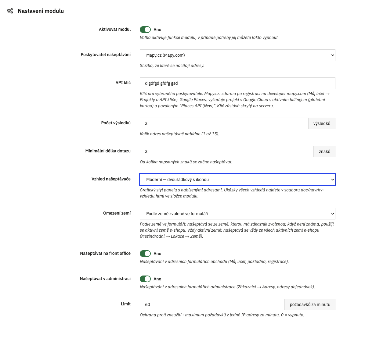 Administrace / nastavení modulu našeptávače adres pro PrestaShop