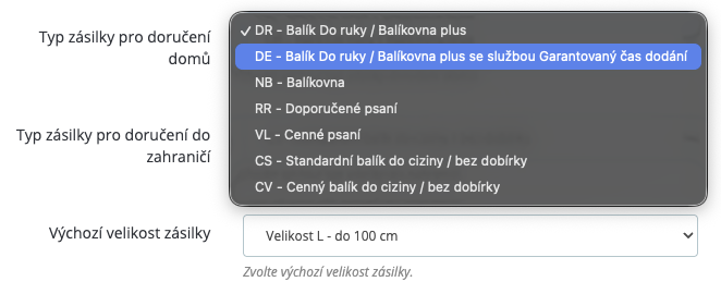 Výběr zásilek pro jednotlivé služby