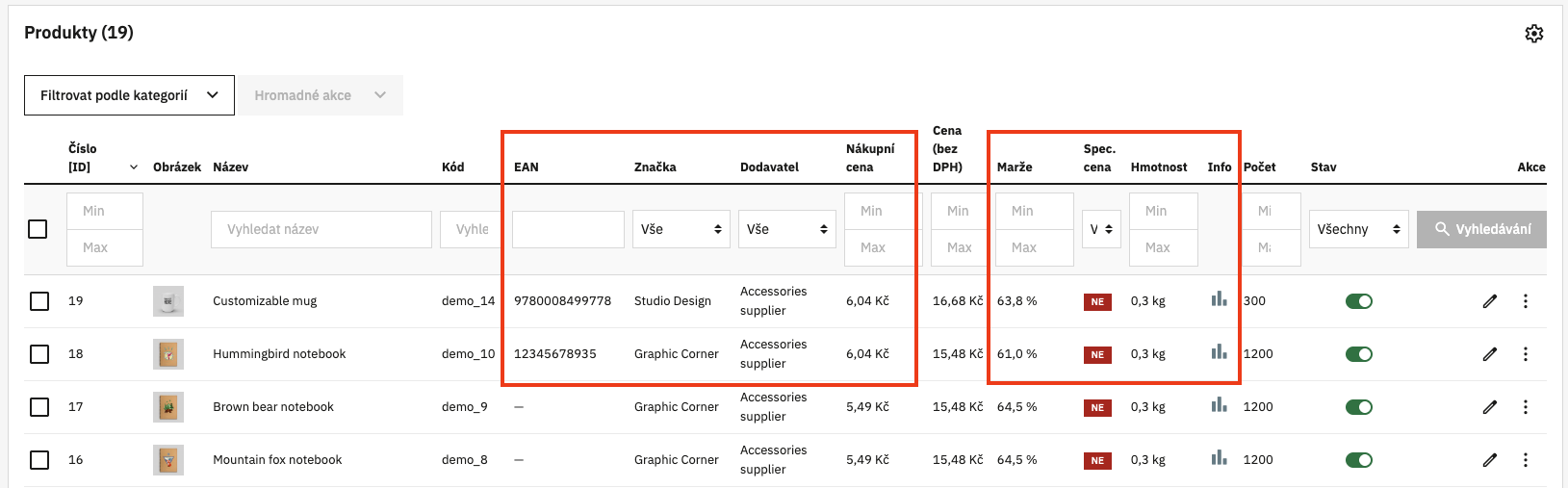 Pohled na přidané sloupce v administraci Prestashopu