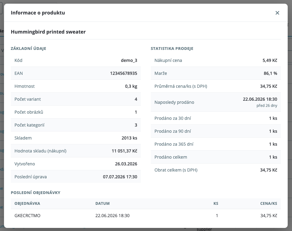 Statistika k produktu v administraci PrestaShopu