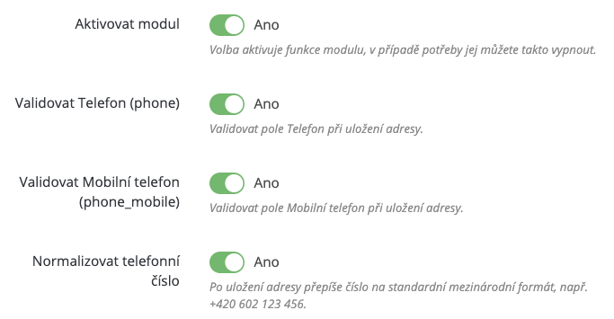 Nastavení modulu pro validaci telefonních čísel