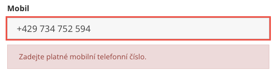 Neplatné telefonní číslo a výzva k opravě.