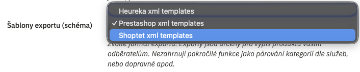 Volba typu exportu šablony