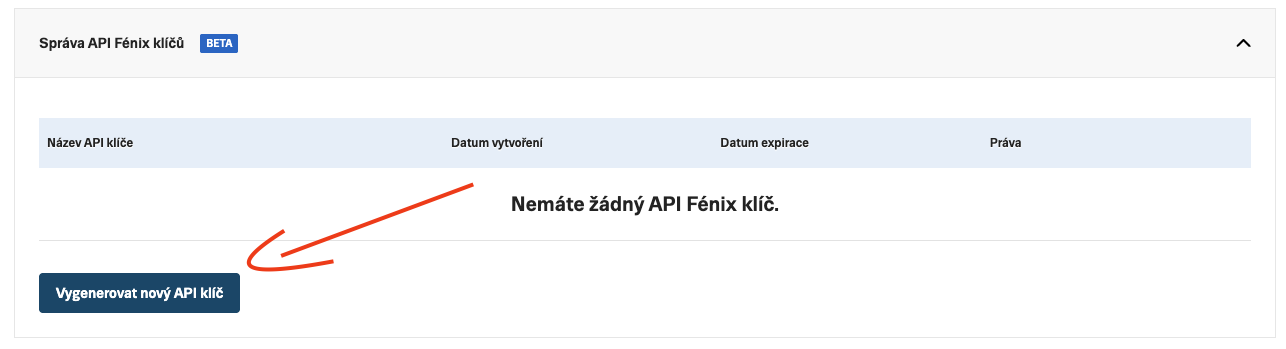 Tvorba API kl&iacute;če Fenix